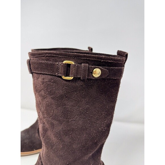 Coach Womens Boots Brown Maressa Suede Mid Calf Monogram Logo Buckle US 7.5 B - Picture 5 of 10